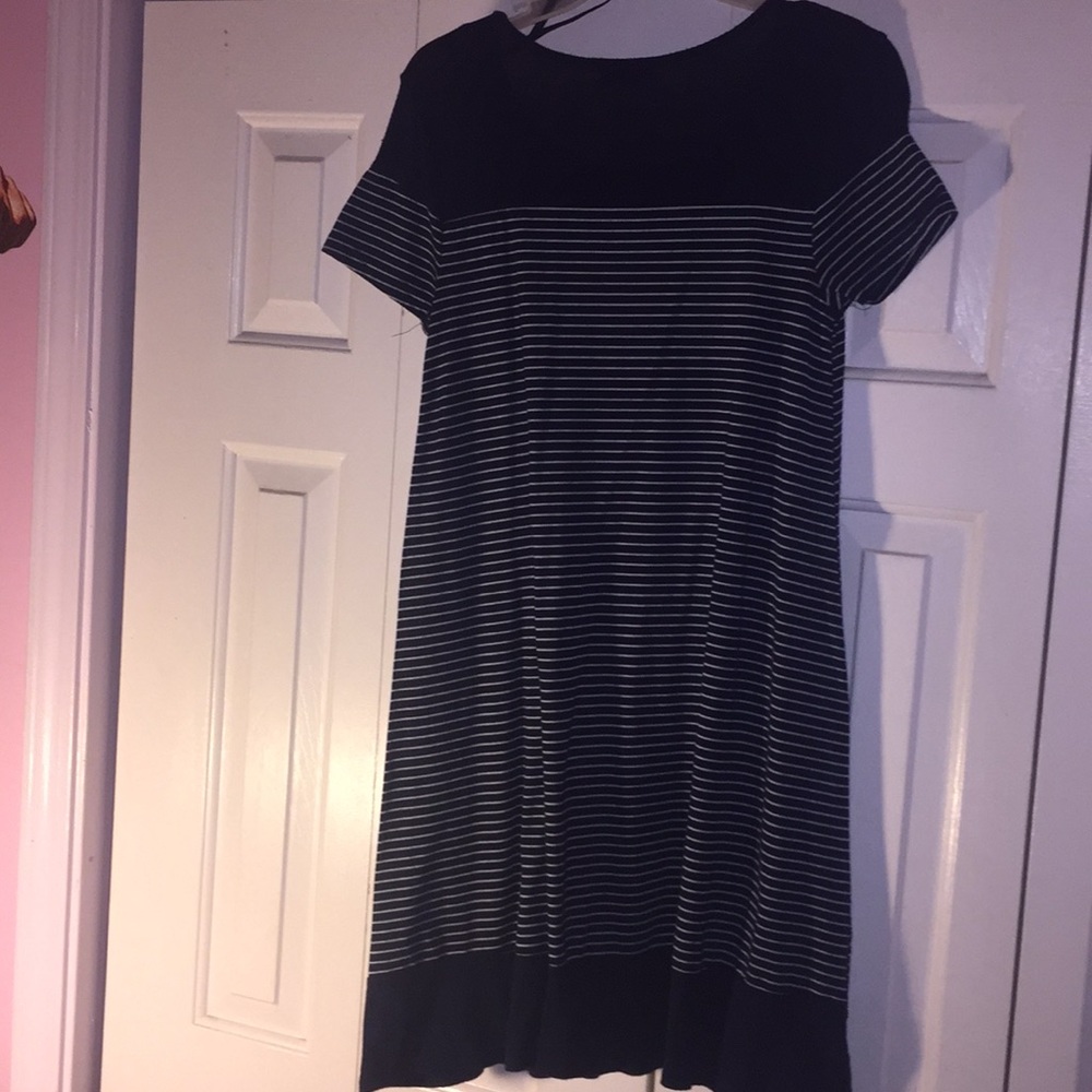 dark blue and white striped dress